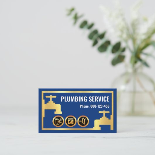 Uitgebreide gouden buisjes blauw water dat lekt visitekaartje (Staand voorkant)