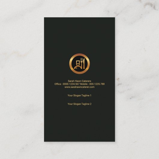 Uitgebreide gouden vork, piepspon catering visitekaartje (Achterkant)