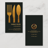 Uitgebreide gouden vork, piepspon catering visitekaartje (Voorkant / Achterkant)
