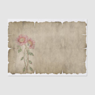 Uitgebreide roze bloemen op papier met perkamentpa