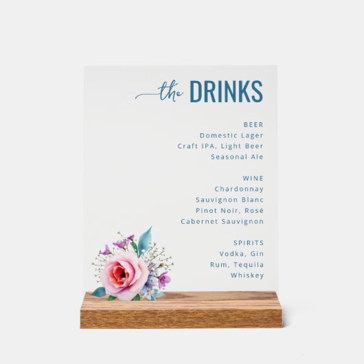 Uitgekiend Blauw Bloemendrankenmenu Acryl Bord (Voorkant)