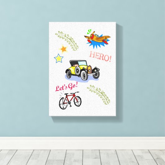 Uitgerekt Canvas Hero Fietsauto Vliegtuig (Insitu (Houten vloer))