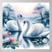 Uitgerekt canvas - Zwanen in een waterlelievijver Poster (Voorkant)