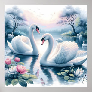Uitgerekt canvas - Zwanen in een waterlelievijver Poster