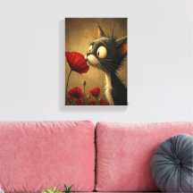 Uitgerekte Canvasprint Mooie Zwarte Kat Rode Bloem