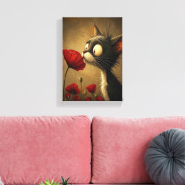 Uitgerekte Canvasprint Mooie Zwarte Kat Rode Bloem Canvas Afdruk