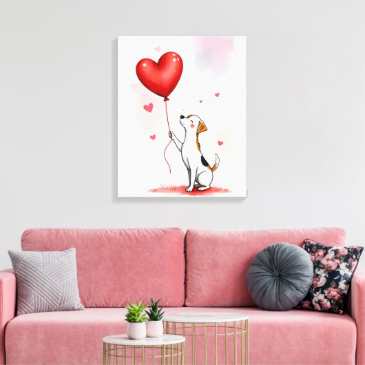Uitgerekte Canvasprint Rode Hart Ballon Hond Canvas Afdruk (Insitu (Woonkamer))