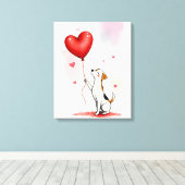 Uitgerekte Canvasprint Rode Hart Ballon Hond Canvas Afdruk (Insitu (Houten vloer))
