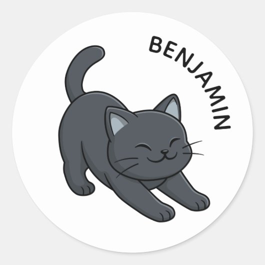 Uitgerekte Zwarte Kat Aangepaste Naam Ronde Sticker (Voorkant)