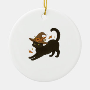 Uitgerekte Zwarte Kat � Hekserige Herfst Klassieke Keramisch Ornament
