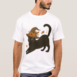 Uitgerekte Zwarte Kat Hekserige Herfst Klassieke T-shirt