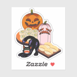 Uitgerekte Zwarte Kat & Treurige Pompoen Halloween Sticker