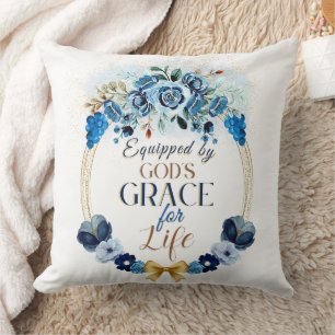 Uitgerust door God's Grace Blue Gold Floral Wreath Kussen