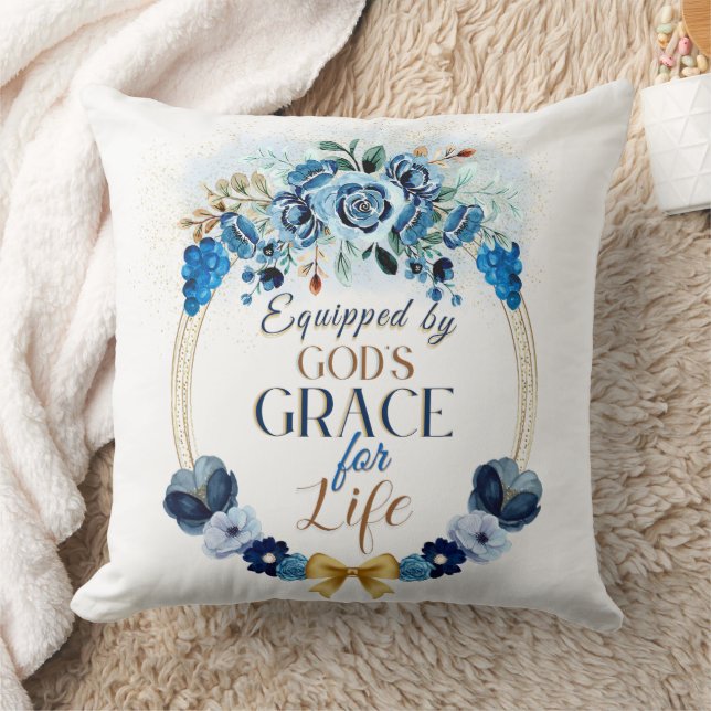 Uitgerust door God's Grace Blue Gold Floral Wreath Kussen (Deken)