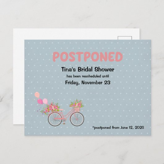 UITGESTELD Bruidsfeest Fiets en Bloemrijke Stippen Uitnodiging Briefkaart (Voorkant / Achterkant)