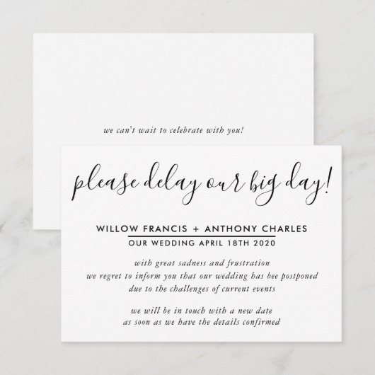 UITGESTELD BRUILOFT vertragen onze grote dag eenvo Kaart (Voorkant / Achterkant)