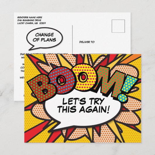 Uitgesteld: Nieuwe Datum Comic Book Pop Art Aankondigingskaart (Voorkant / Achterkant)