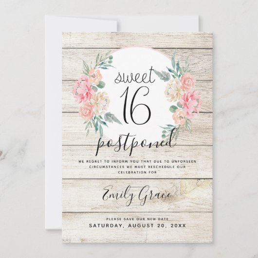 Uitgesteld Rustiek Hout Boho Bloem Sweet 16 Kaart (Voorkant)