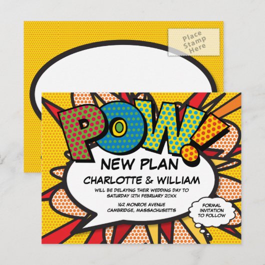 Uitgesteld Verander de datum Fun Comic Book Aankondigingskaart (Voorkant / Achterkant)