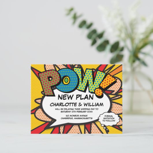 Uitgesteld Verander de datum Fun Comic Book Aankondigingskaart (Staand voorkant)