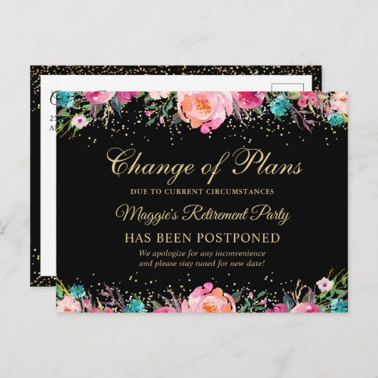 Uitgestelde Aankondiging Bloemrijke Pensioenfeest Briefkaart (Voorkant / Achterkant)