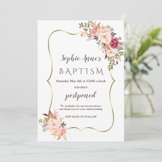 Uitgestelde Aankondiging Blush Roze Bloem Doop (Staand voorkant)