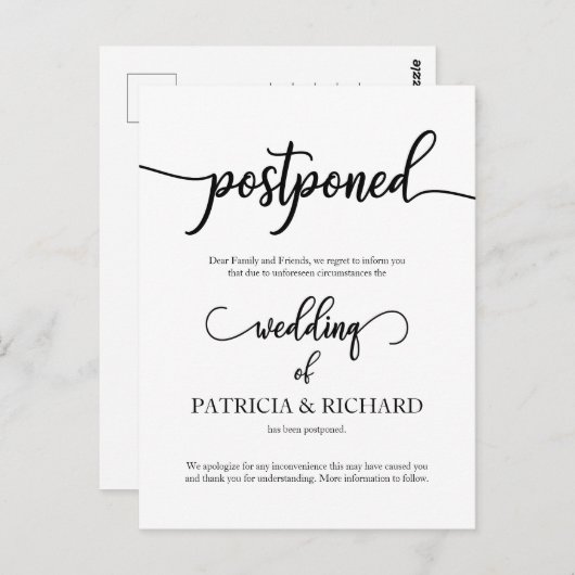 Uitgestelde aankondiging huwelijk legante kalligra briefkaart (Voorkant / Achterkant)