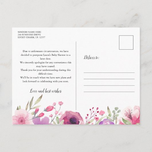 Uitgestelde Baby Shower Bloemige Waterverf Briefkaart (Achterkant)