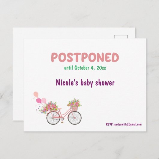 Uitgestelde Baby shower met terugzenddatum RSVP Aankondigingskaart (Voorkant / Achterkant)