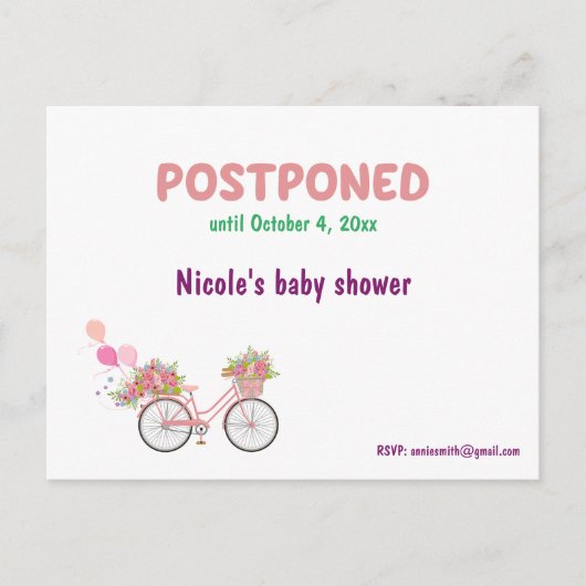 Uitgestelde Baby shower met terugzenddatum RSVP Aankondigingskaart (Voorkant)