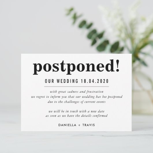 Uitgestelde bruiloft aankondiging eenvoudige infor (Staand voorkant)