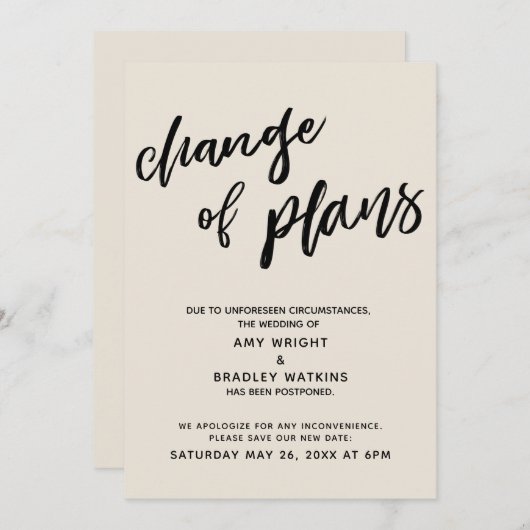 Uitgestelde bruiloft "Change of Plans" Cream Kaart (Voorkant / Achterkant)