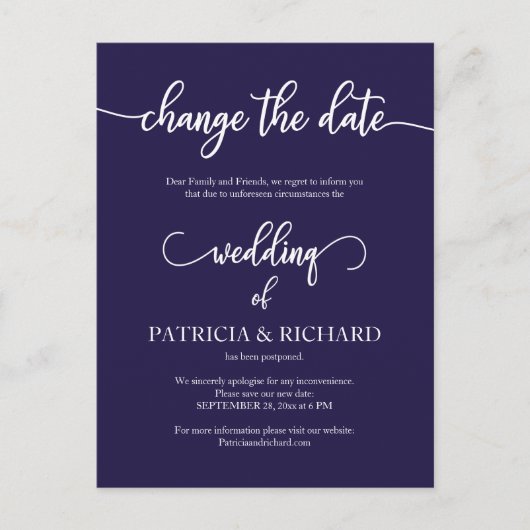 Uitgestelde bruiloft Cheap Elegant Navy Blue Briefkaart (Voorkant)