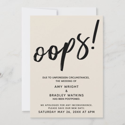Uitgestelde bruiloft Cream "Oeps!" Mededeling Kaart (Voorkant)