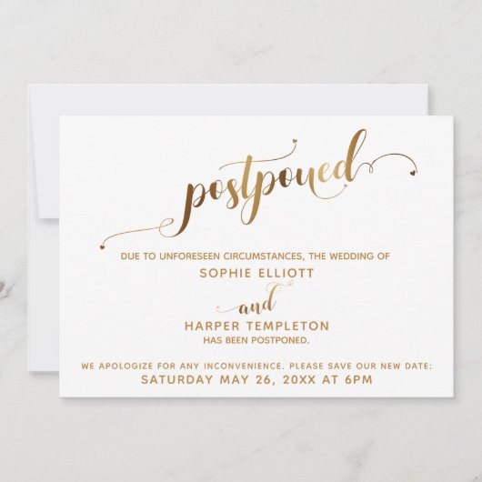 Uitgestelde bruiloft details Gold Hearts kalligraf Kaart (Voorkant)