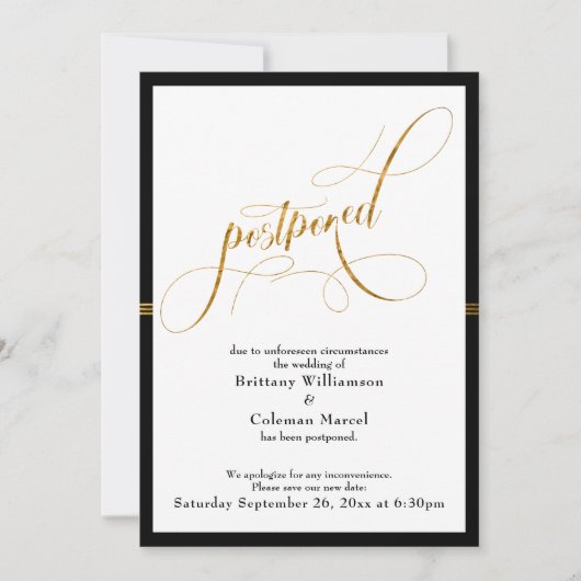 Uitgestelde bruiloft Elegant Black & Gold Stripe K Kaart (Voorkant)