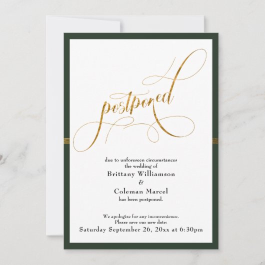 Uitgestelde bruiloft Elegante Groene & Gouden Stre Kaart (Voorkant)