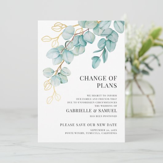 Uitgestelde bruiloft Elegante turquoise en gouden  Aankondiging (Staand voorkant)