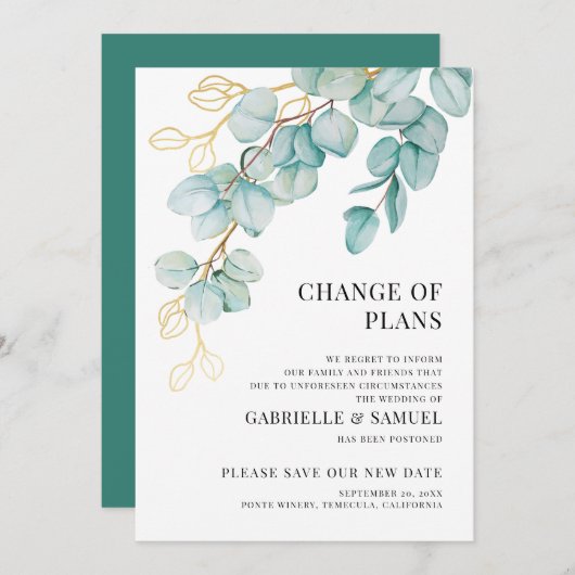 Uitgestelde bruiloft Elegante turquoise en gouden  Aankondiging (Voorkant / Achterkant)