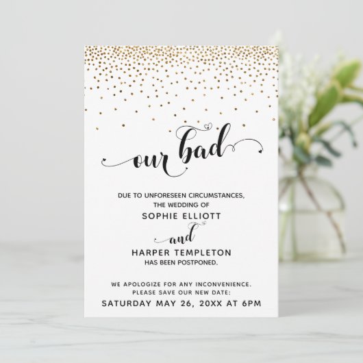 Uitgestelde bruiloft Gold Confetti & Hearts Whoops Kaart (Staand voorkant)