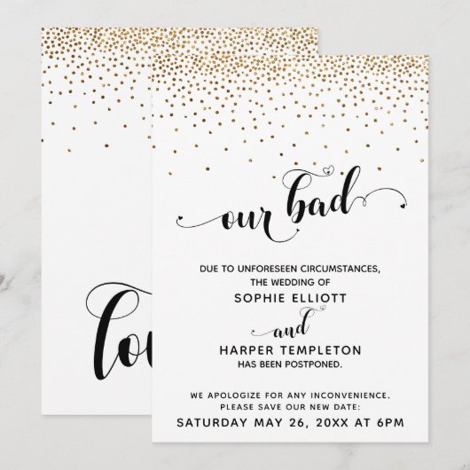 Uitgestelde bruiloft Gold Confetti & Hearts Whoops Kaart (Voorkant / Achterkant)