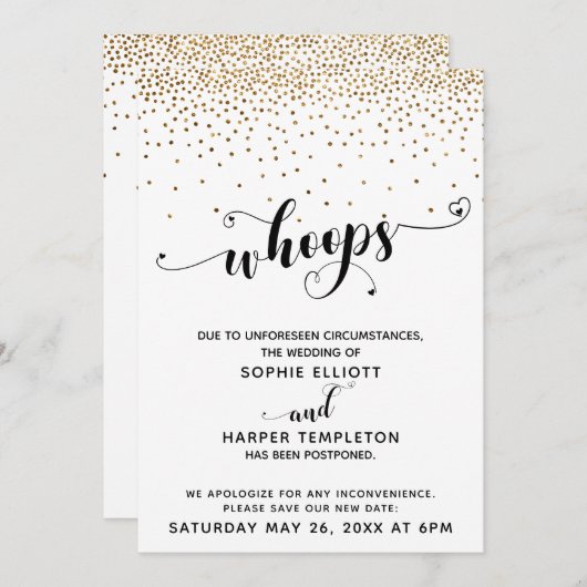 Uitgestelde bruiloft Gold Confetti & Hearts Whoops Kaart (Voorkant / Achterkant)