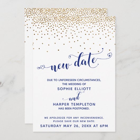 Uitgestelde bruiloft Gold Confetti Navy Nieuwe Dat Kaart (Voorkant / Achterkant)