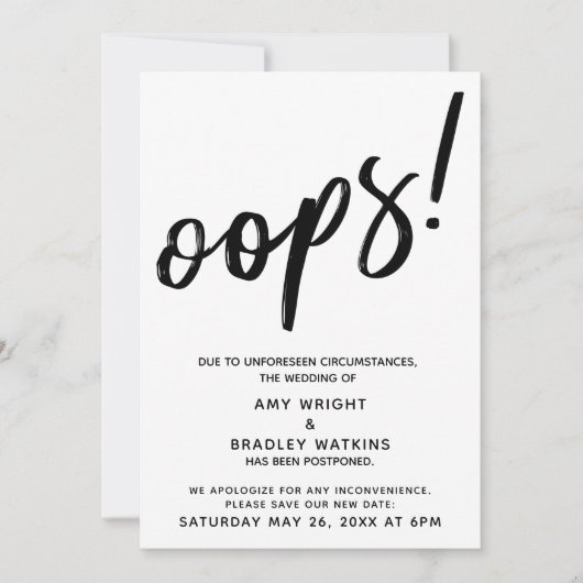 Uitgestelde bruiloft humoristische "Oeps!" aankond Kaart (Voorkant)