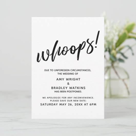 Uitgestelde bruiloft humoristische "Whoops!" aanko Kaart (Staand voorkant)