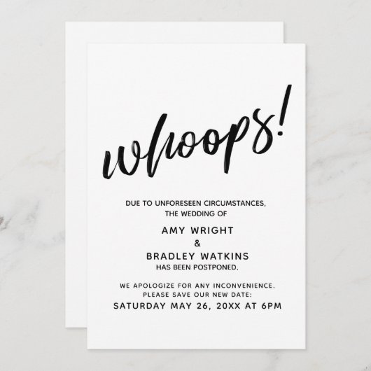 Uitgestelde bruiloft humoristische "Whoops!" aanko Kaart (Voorkant / Achterkant)