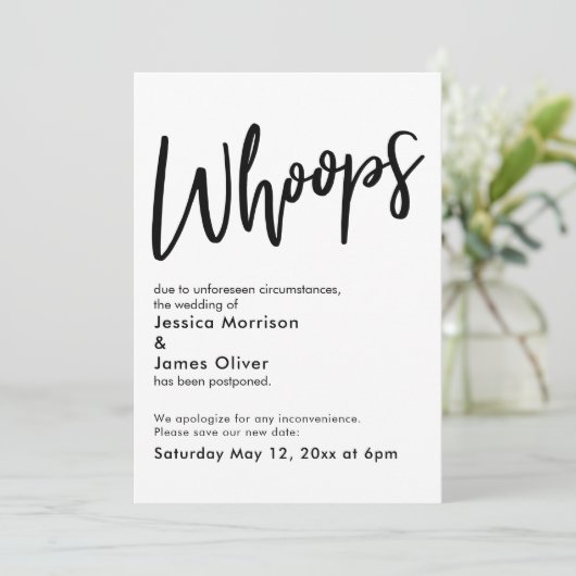 Uitgestelde bruiloft humoristische "Whoops" aankon Kaart (Staand voorkant)