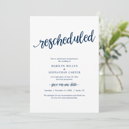 Uitgestelde bruiloft, marineblauw, aankondiging (Staand voorkant)