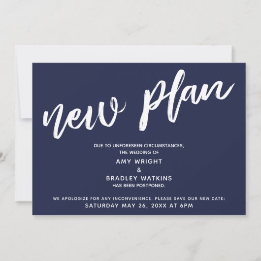 Uitgestelde Bruiloft Nieuw Plan Navy Blauwe Aankon Kaart (Voorkant)