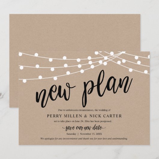 Uitgestelde bruiloft, Nieuw plan, Rustic, Aankondi Kaart (Voorkant / Achterkant)